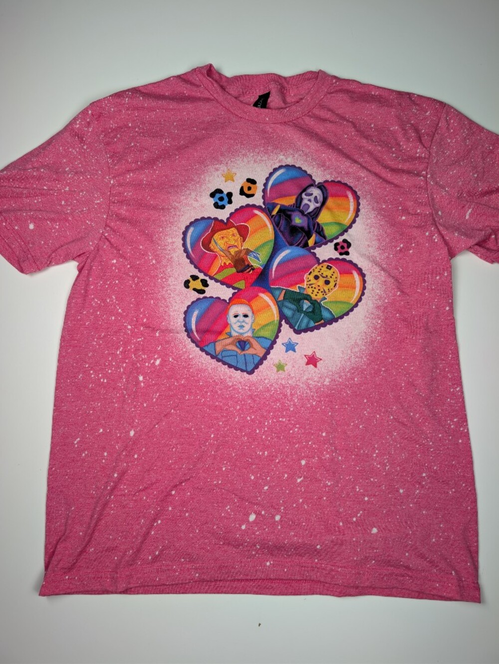 Horror Villains Heart Hands Bleached Pink T-Shirt Michael Freddy Jason Scream L